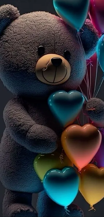 Teddy bear with colorful heart-shaped balloons.