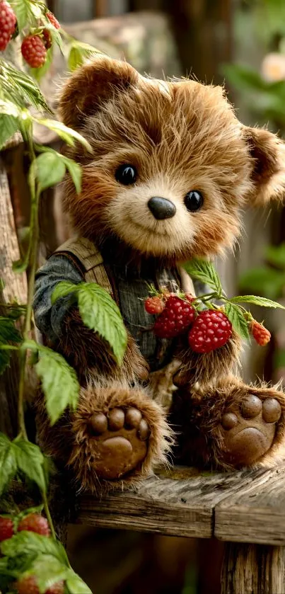 Cute teddy bear with berries on a chair in nature.