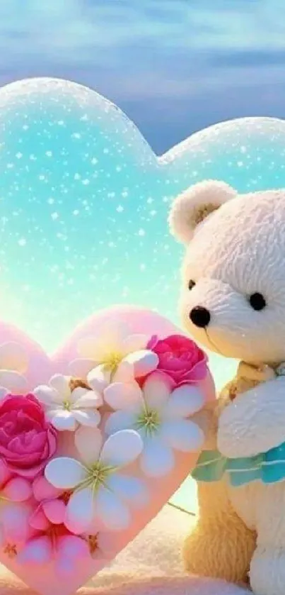 Cute teddy bear with floral hearts on a pastel background.