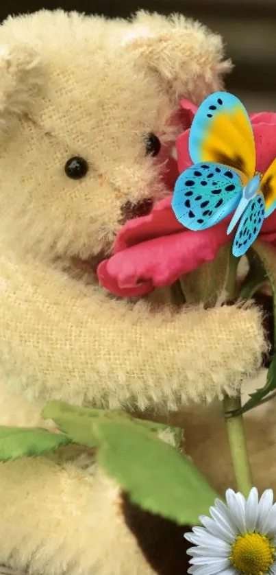 Fuzzy teddy bear holding a pink flower and bright blue butterfly.