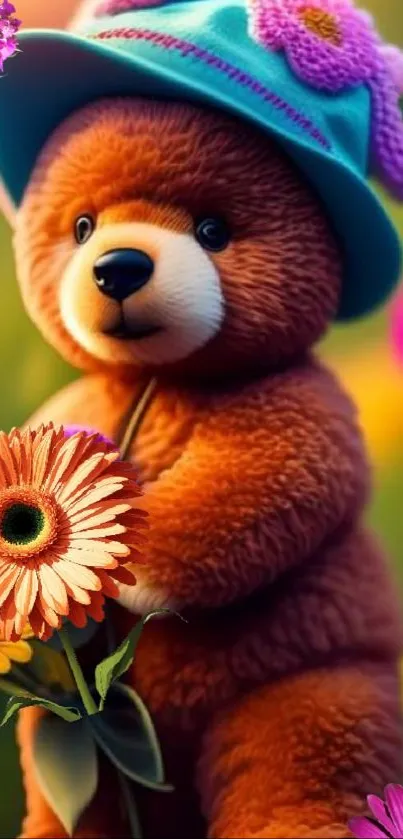Cute teddy bear holding flowers in a garden.