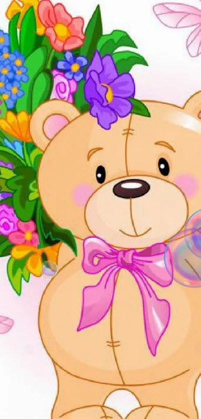 Cute teddy bear with flowers and butterflies.