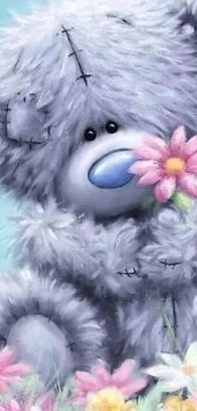 Cute teddy bear holding pastel flowers on a blue background.