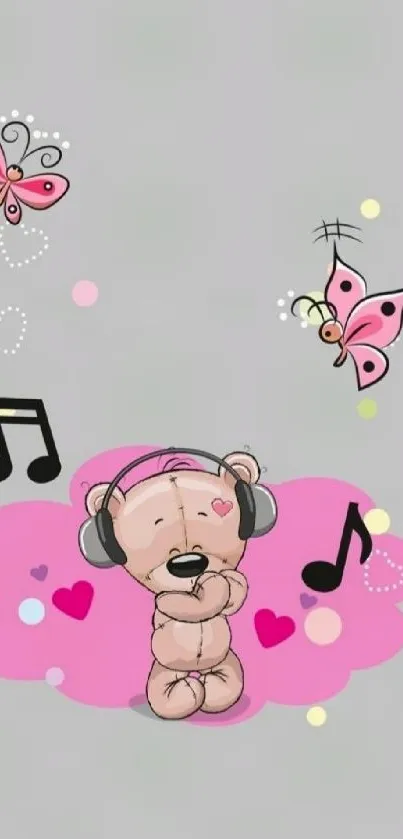 Cute teddy bear with headphones and butterflies on a light gray background.