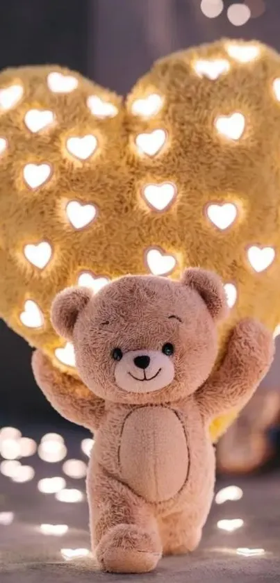 Adorable teddy bear with heart-lit background.