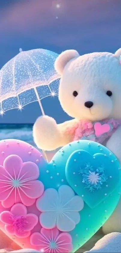 Cute teddy bear holding a colorful heart on a beach.