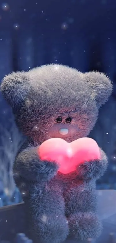 Teddy bear holding a glowing heart on a dark blue background.