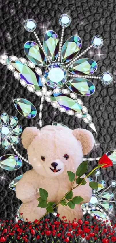 Adorable teddy bear with jewelry on black wallpaper with red rose accents.