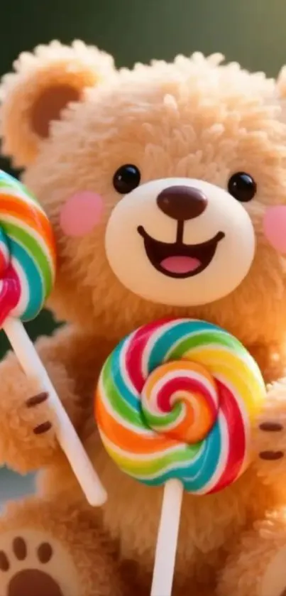Cute teddy bear with colorful lollipops
