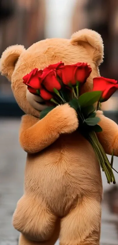 Teddy bear holding red roses in urban background.