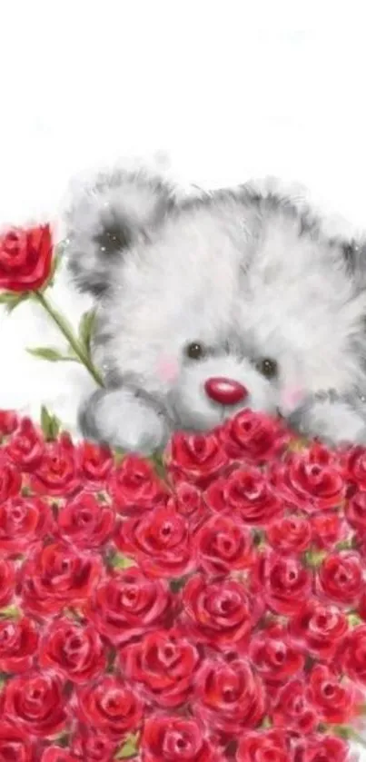 Fluffy teddy bear with red roses in heart shape background.