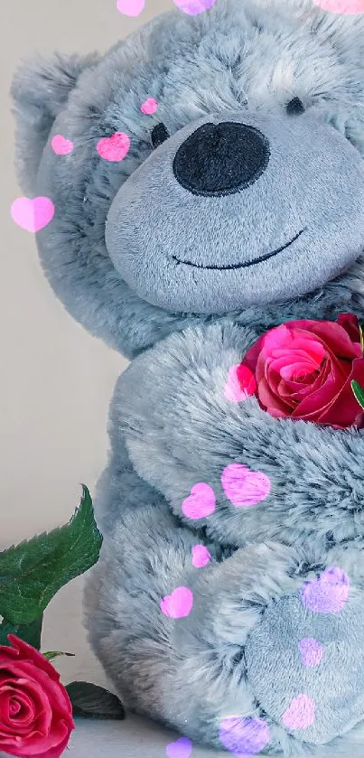 Cute teddy bear with pink roses on light gray background.