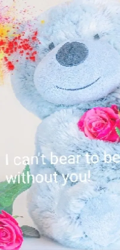 Cute teddy bear holding roses with a splash of color in background.