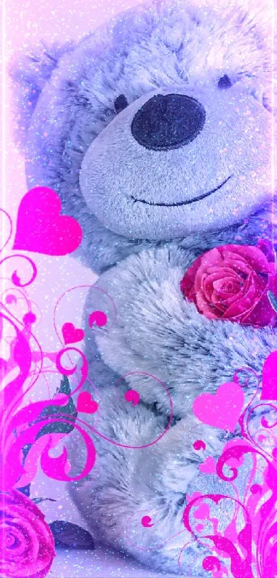Cute teddy bear with red roses and pink hearts.