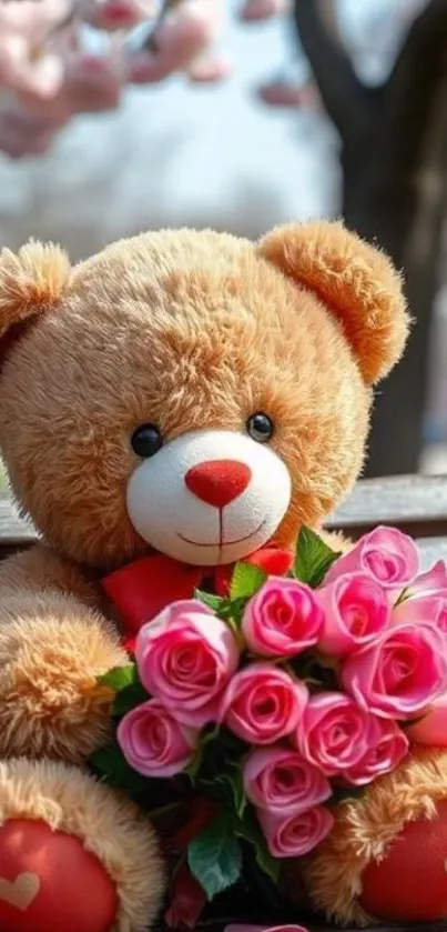Teddy bear holding pink roses on a bench outdoors.