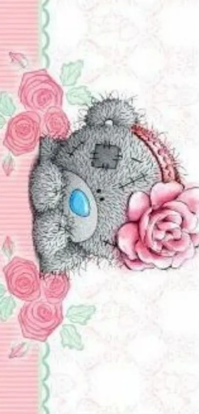 Cute teddy bear with pink roses on pastel background wallpaper.