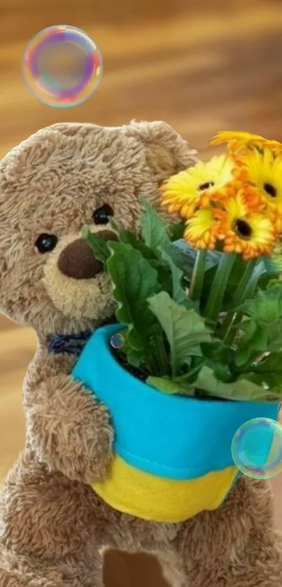 Teddy bear holding sunflowers with wooden background.