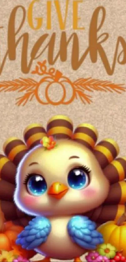 Cartoon turkey with pumpkins Thanksgiving wallpaper.