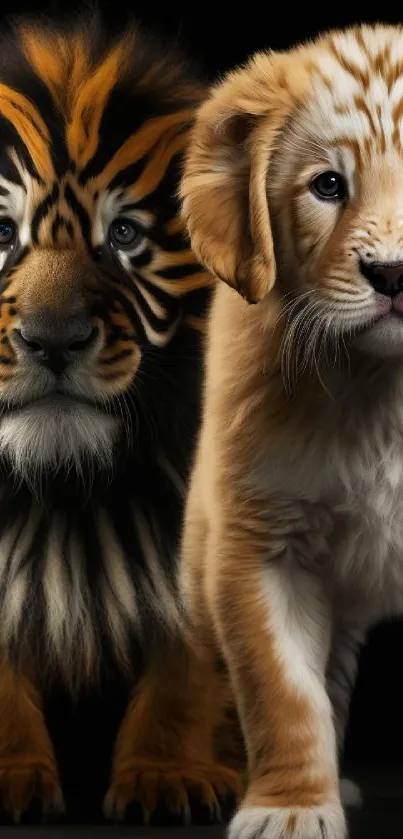 Adorable orange tiger and puppy duo mobile wallpaper.