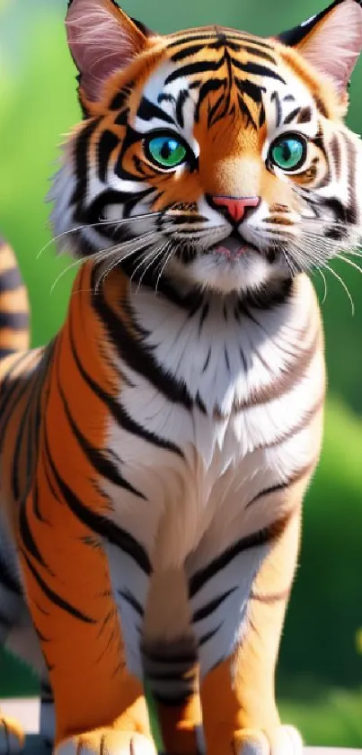 Cartoon tiger with blue eyes and orange stripes on a vibrant green background.