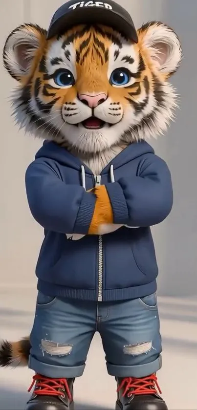 Cute tiger cartoon in blue hoodie.