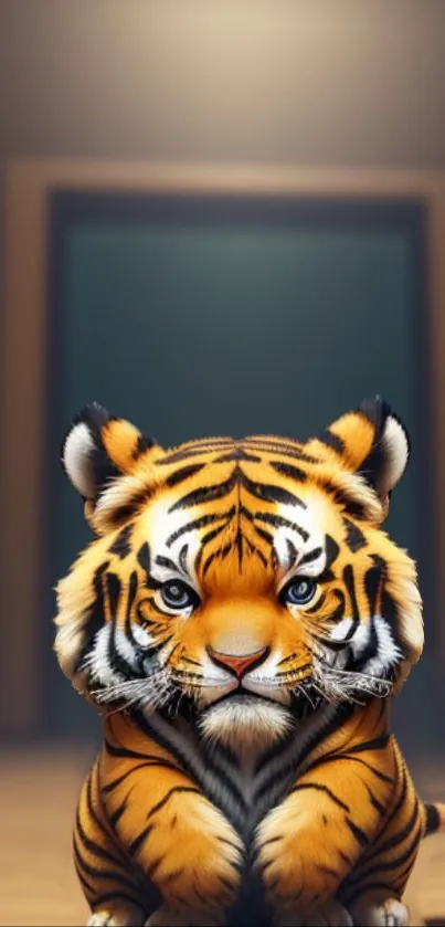 Cute cartoon tiger cub in corridor with vivid background.