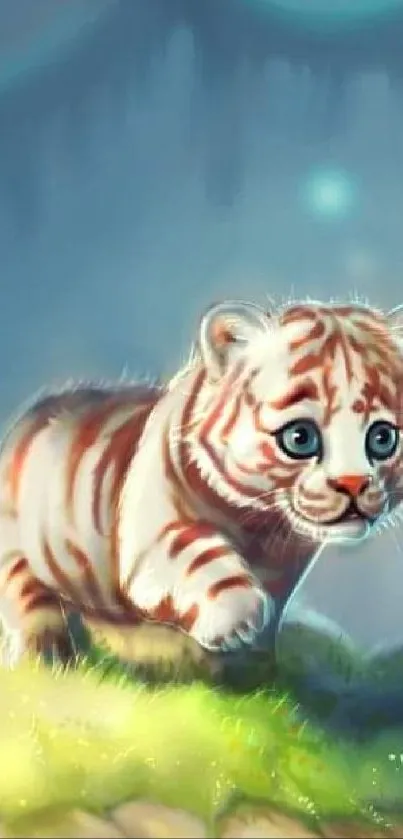 Cute tiger cub in a fantasy forest art wallpaper.