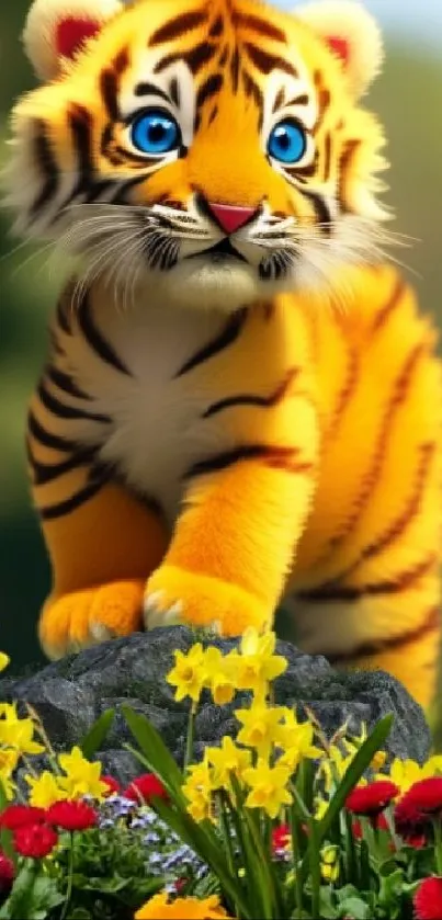 Cute tiger cub on a rock surrounded by colorful garden flowers.