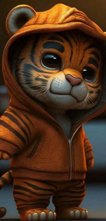 Cute tiger cub in orange hoodie digital art.