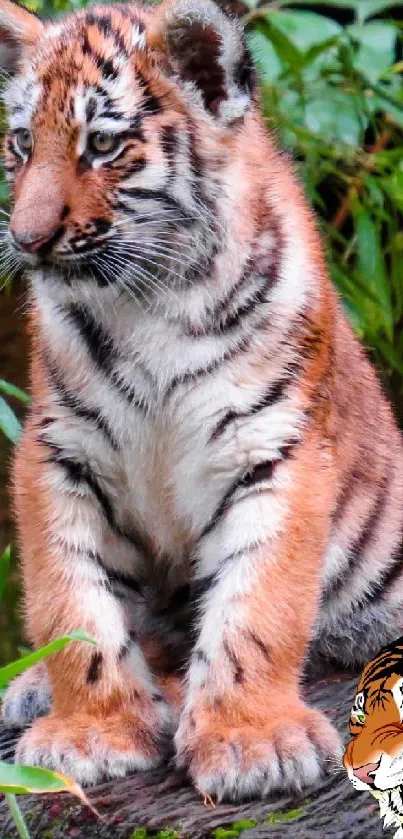 Adorable tiger cub sitting on a log surrounded by green leaves.