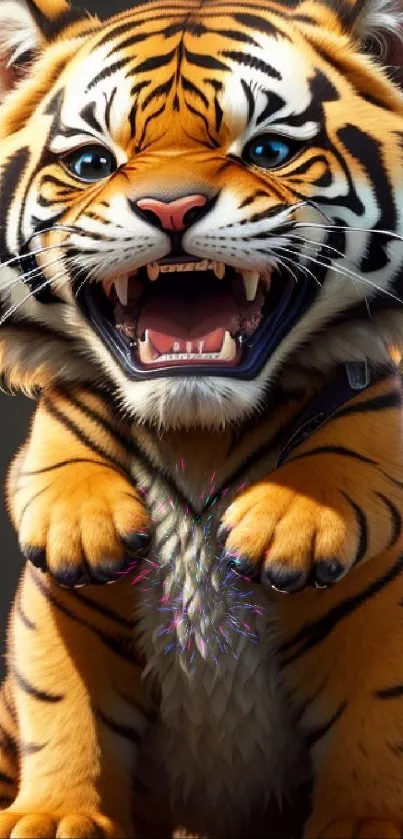 Adorable cartoon tiger cub with a fierce expression, set against a neutral background.