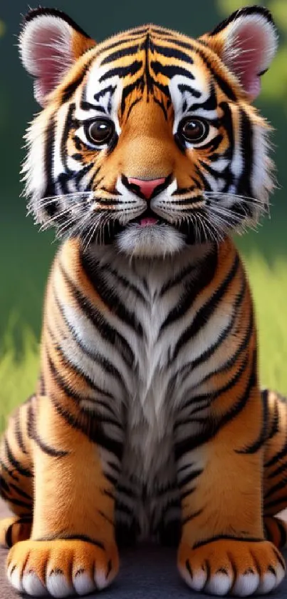 Adorable tiger cub sitting on grass with a vibrant background.