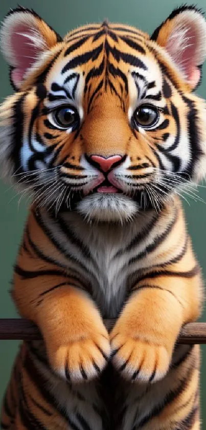 Realistic cute tiger cub on a branch wallpaper.