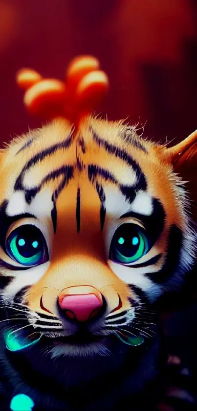 Adorable tiger cub with bright eyes in colorful fantasy art.