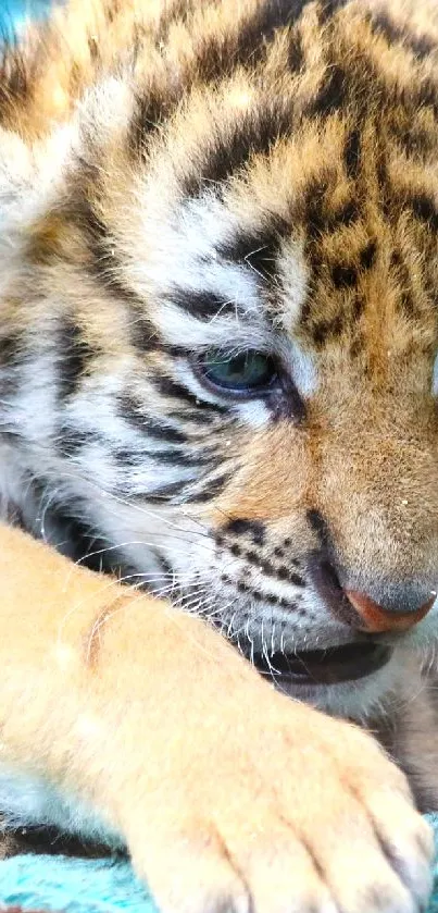 Adorable tiger cub resting on a teal blanket.