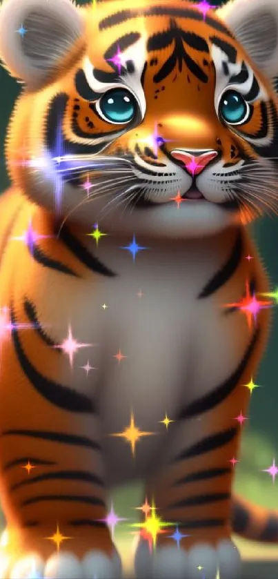 Adorable cartoon tiger cub with bright eyes and vibrant colors.