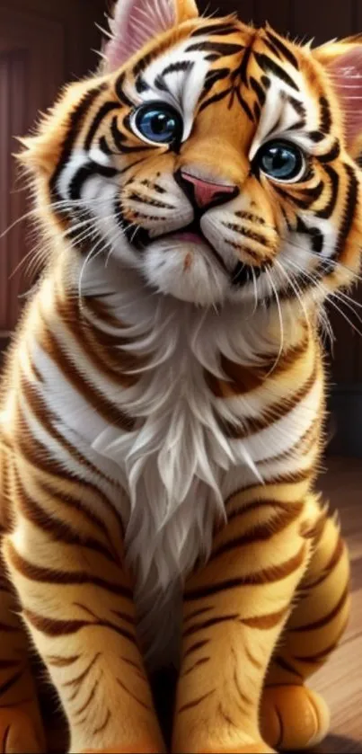 Adorable cartoon tiger cub on wooden floor indoors.