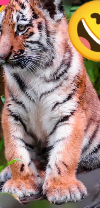 Cute tiger cub sitting among leaves with playful emojis.