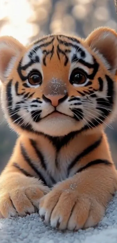 Adorable tiger cub with big eyes and soft fur, lying playfully.