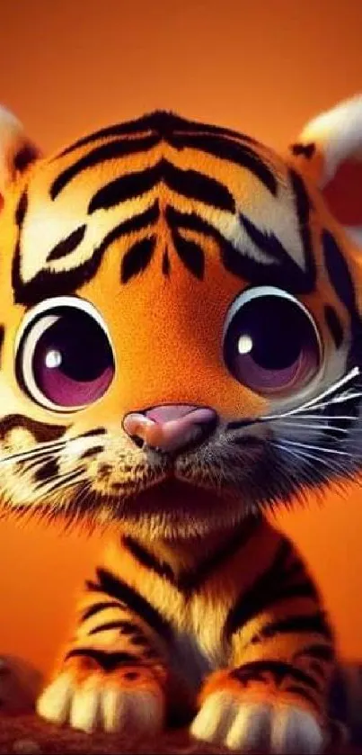 Cute tiger cub with big eyes on an orange background.