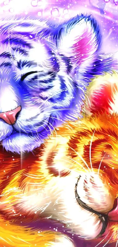 Two cute tiger cubs sleeping in cosmic digital art.