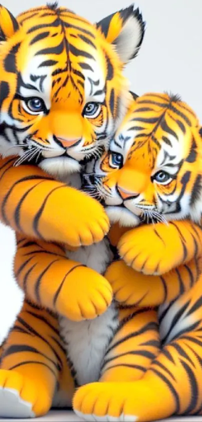 Charming cartoon tiger cubs hugging with vibrant orange and black stripes.