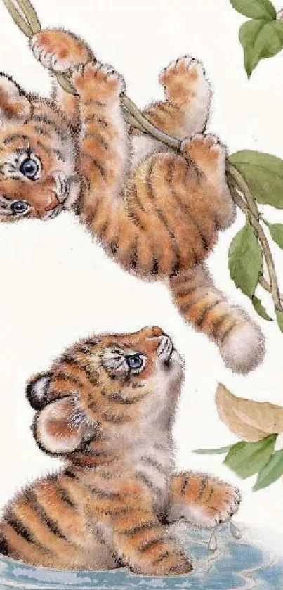 Cute tiger cubs playing with leaves in a lively illustration.