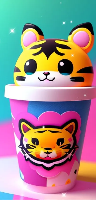 Adorable cartoon tiger cup wallpaper with vibrant colors for mobile.