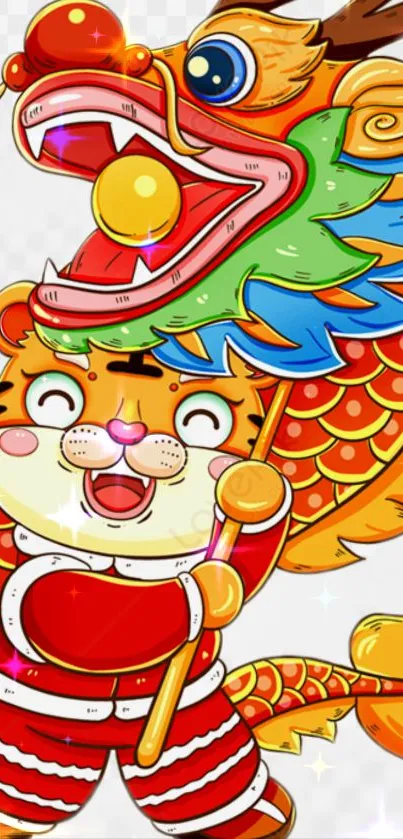 Cute tiger in dragon costume, colorful cartoon wallpaper.