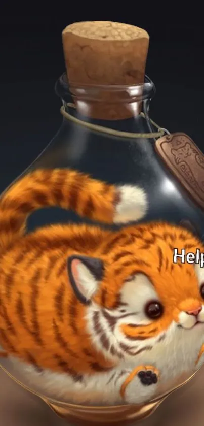 Cute cartoon tiger cub inside a glass bottle with 'Help' text.