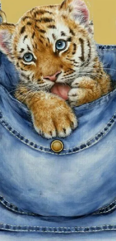 Cute tiger cub in a blue denim pocket on tan background.