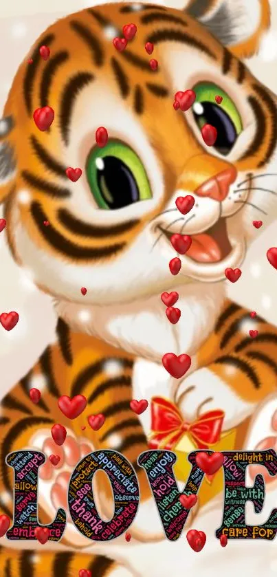 Cartoon tiger with hearts and the word 'LOVE' on a mobile wallpaper.