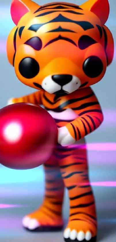 Cute orange tiger toy with red ball on cool background.