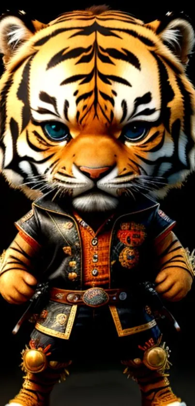 A fierce cartoon tiger warrior in a vibrant outfit for mobile wallpaper.